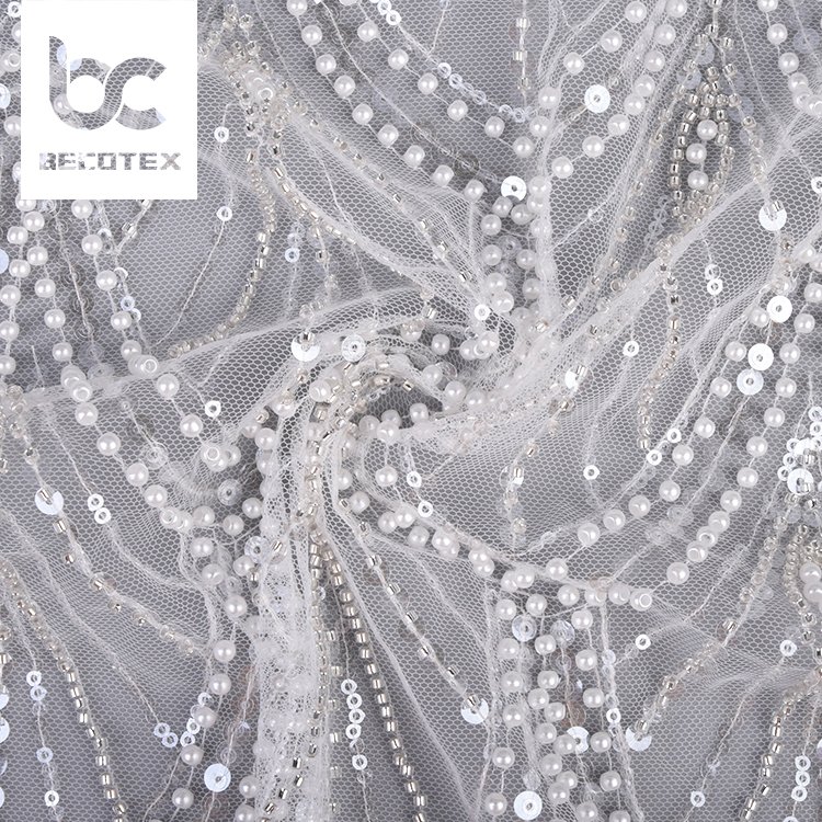 100% polyester white bridal tulle embroidery beaded sequins mesh lace fabric for clothing material