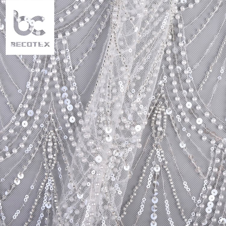 100% polyester white bridal tulle embroidery beaded sequins mesh lace fabric for clothing material