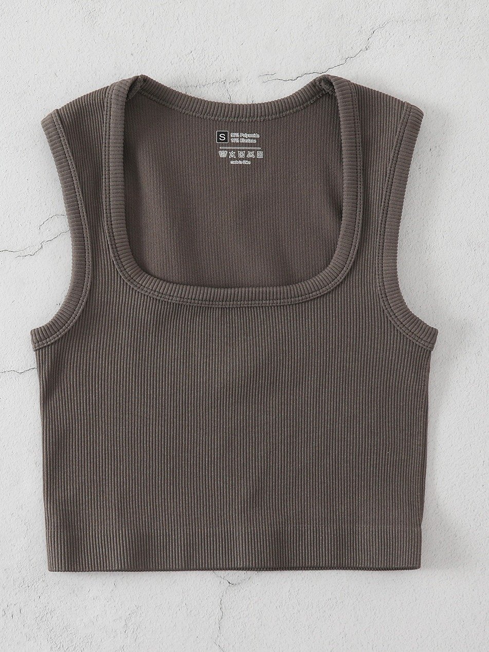 2024 New Cropped Women's Solid Square Collar Tank Top Seamless Streetwear Stretch Rib Knit Sleeveless Casual Tank Top Women