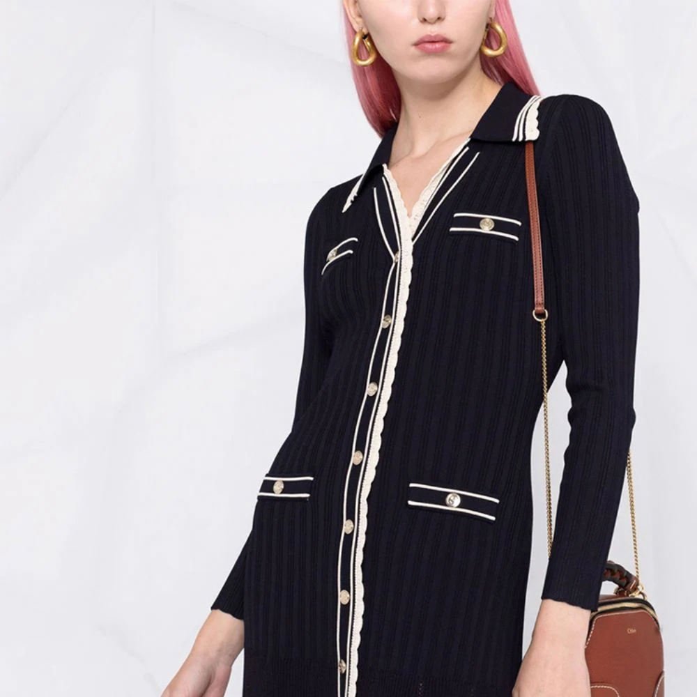 Knitwear Sweater Manufacturers Custom Logo Small Fragrance Designer Luxury Women's Rib Knit Dress Modest Sweater Dress