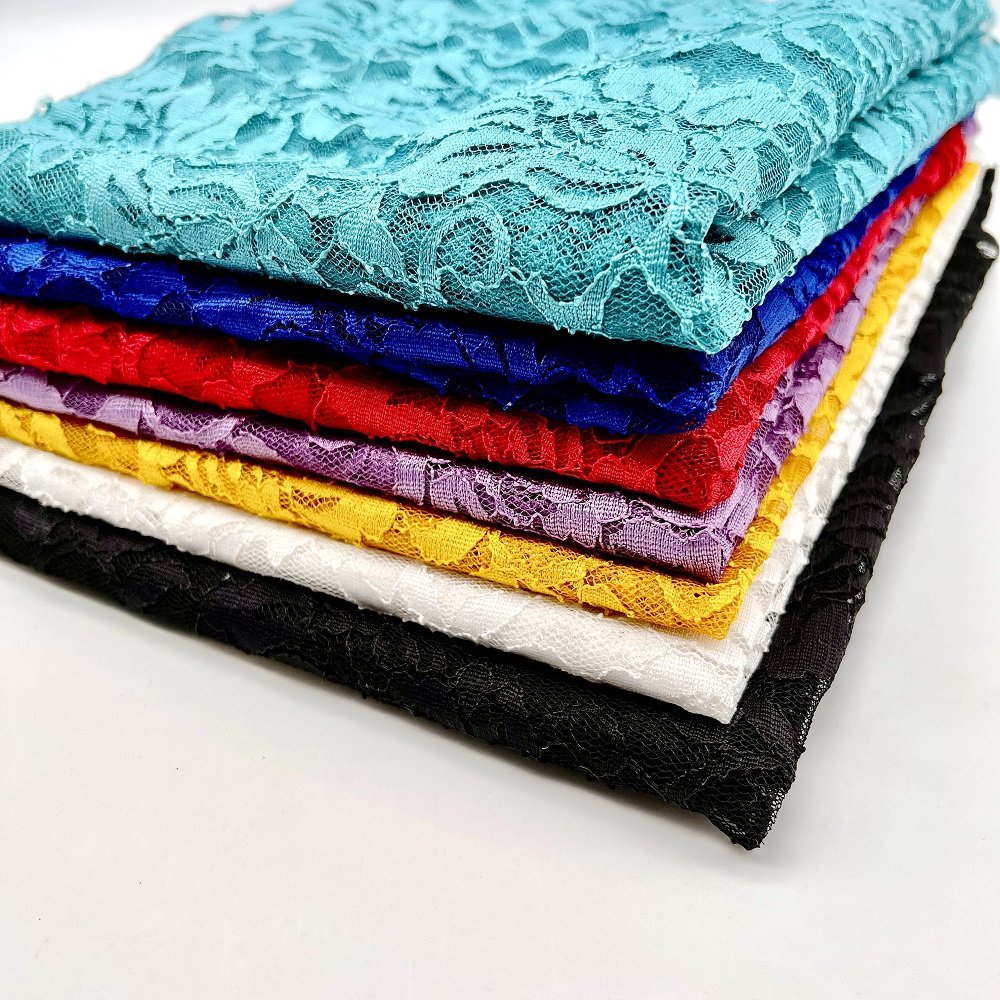 Popular Manufacture Available Low Price Colourful Elastic Embroidery Knitting Lace Fabric for Wedding Dress Other Fabric Knitted
