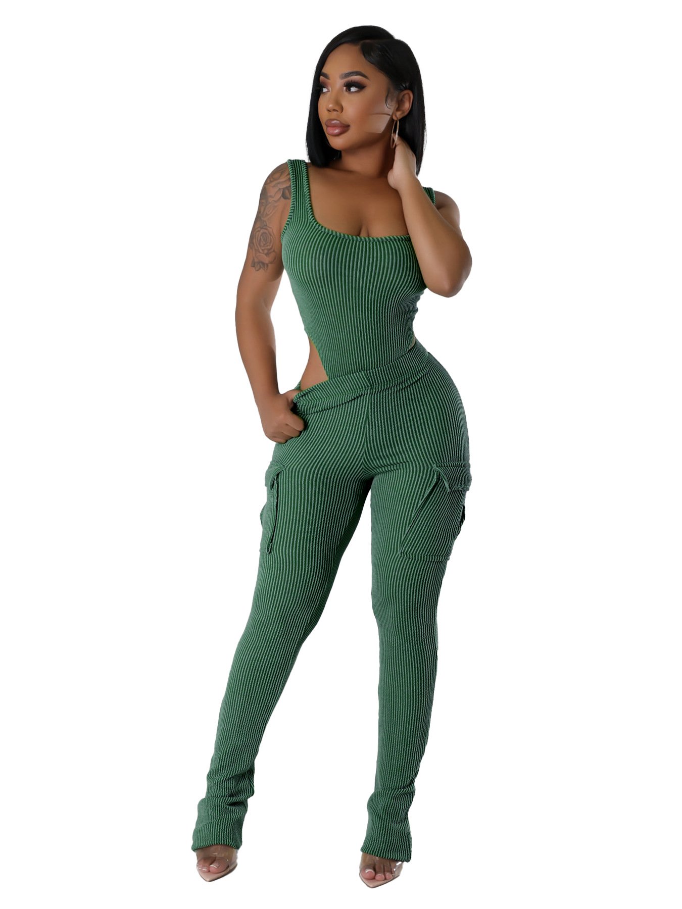 Sexy Womens Playsuit Rompers Ribbed Cotton Cargo Jumpsuit With Pocket Solid Sleeveless High Stretch Slim Fitness Set For Women