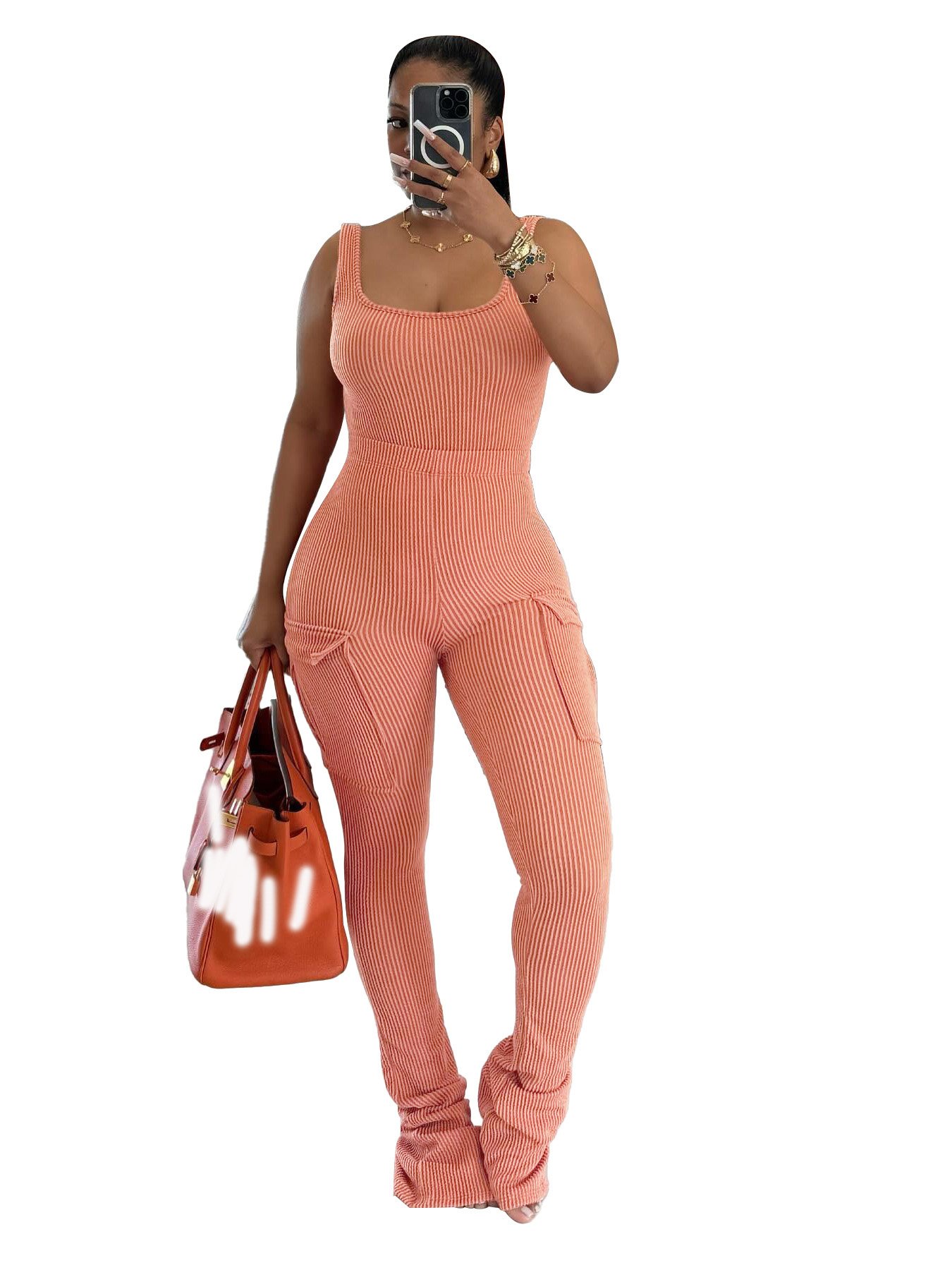 Sexy Womens Playsuit Rompers Ribbed Cotton Cargo Jumpsuit With Pocket Solid Sleeveless High Stretch Slim Fitness Set For Women