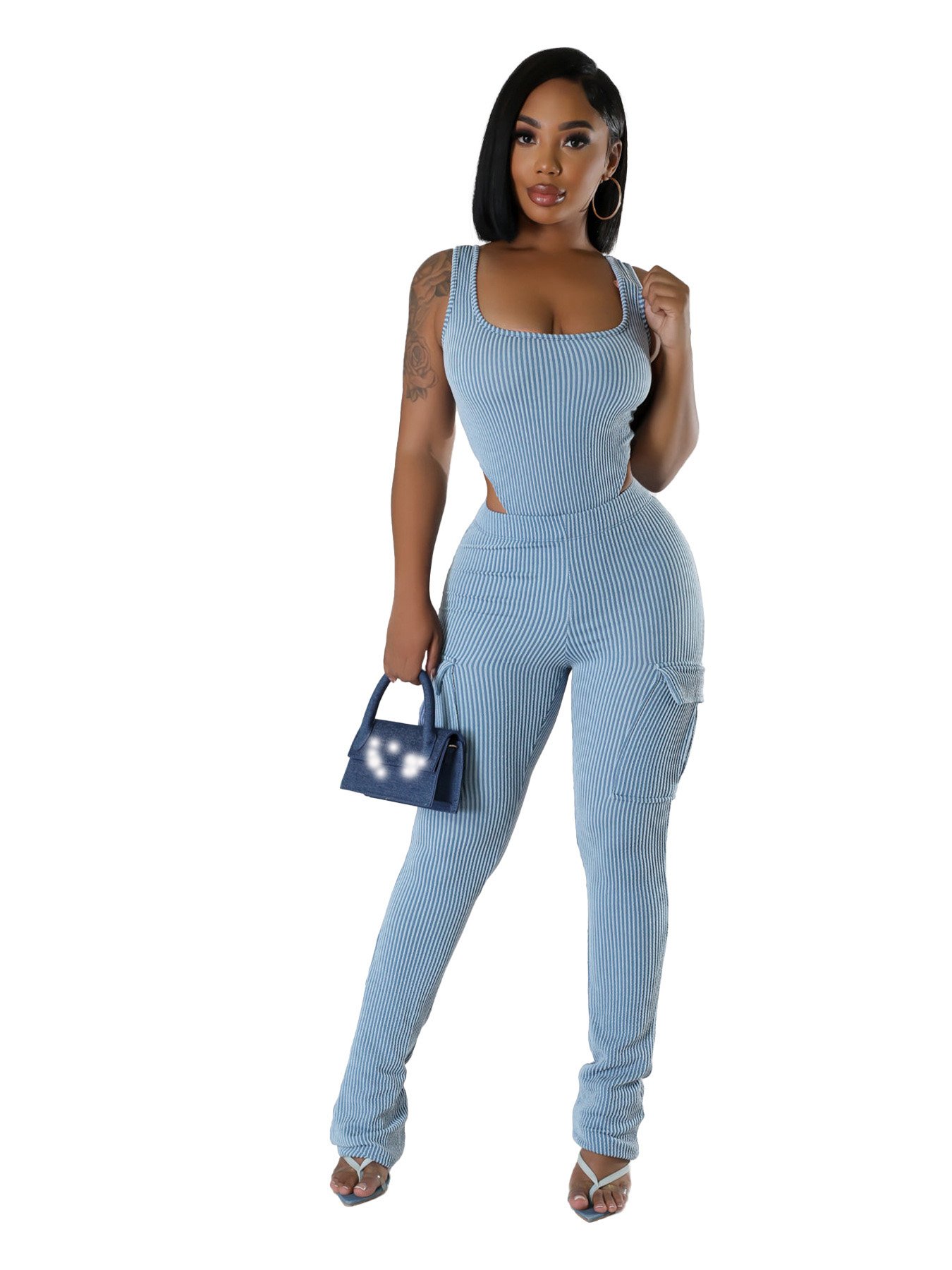 Sexy Womens Playsuit Rompers Ribbed Cotton Cargo Jumpsuit With Pocket Solid Sleeveless High Stretch Slim Fitness Set For Women