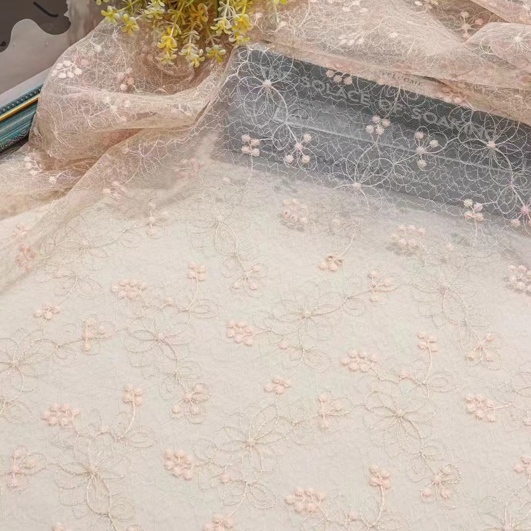 Wholesale Lace Embroidery Fabric For Women Kids Dress Embroidered Net Fabric 3D Flower Lace Pink Floral Embroidered Tulle Fabric