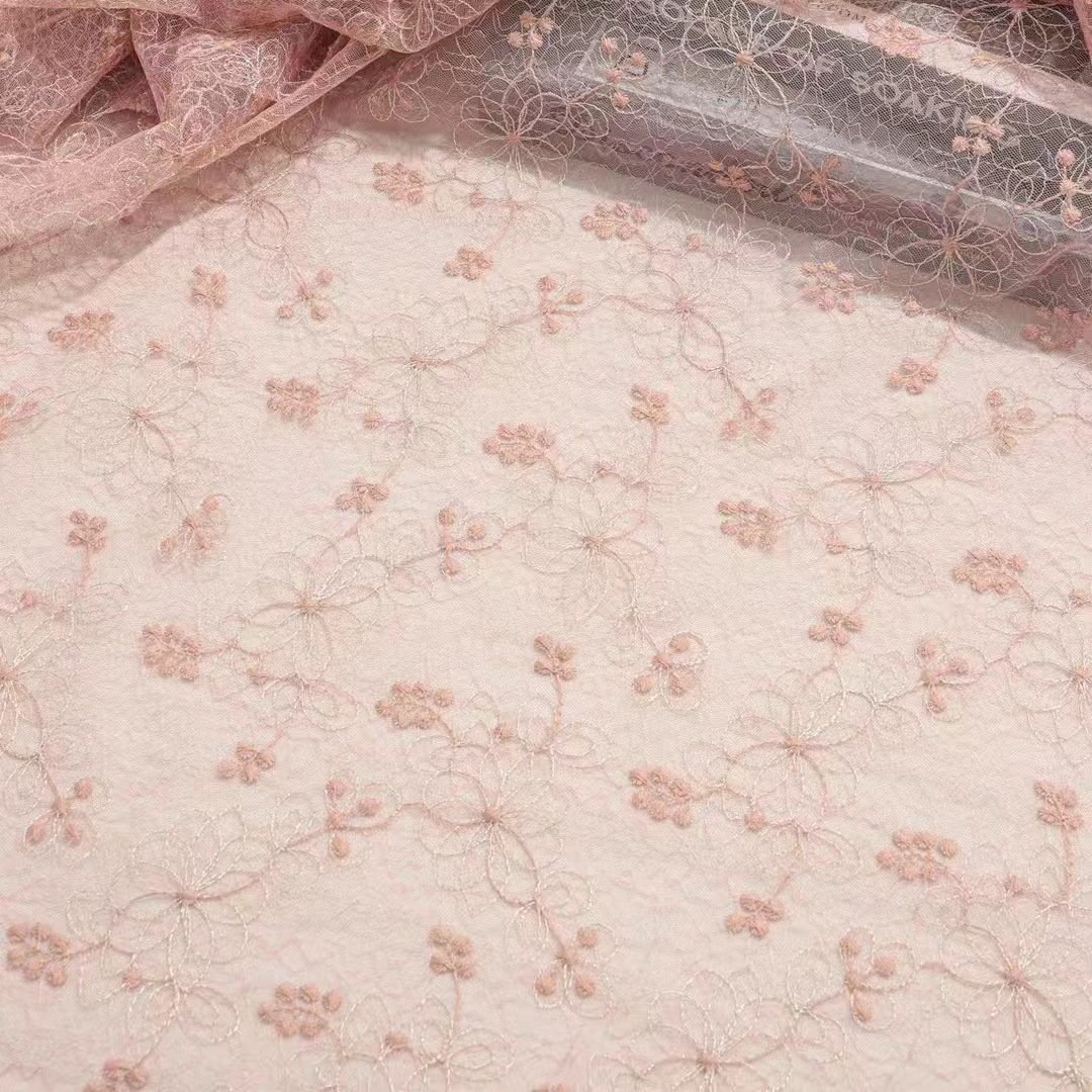 Wholesale Lace Embroidery Fabric For Women Kids Dress Embroidered Net Fabric 3D Flower Lace Pink Floral Embroidered Tulle Fabric