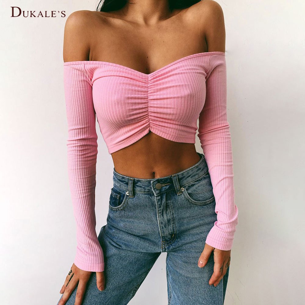 Elegant Off Shoulder Long Sleeve Slim Fit Stretch Blouse Top Tee Womens Sexy Off Shoulder Long Sleeve T-Shirt Ribbed Knit Tops