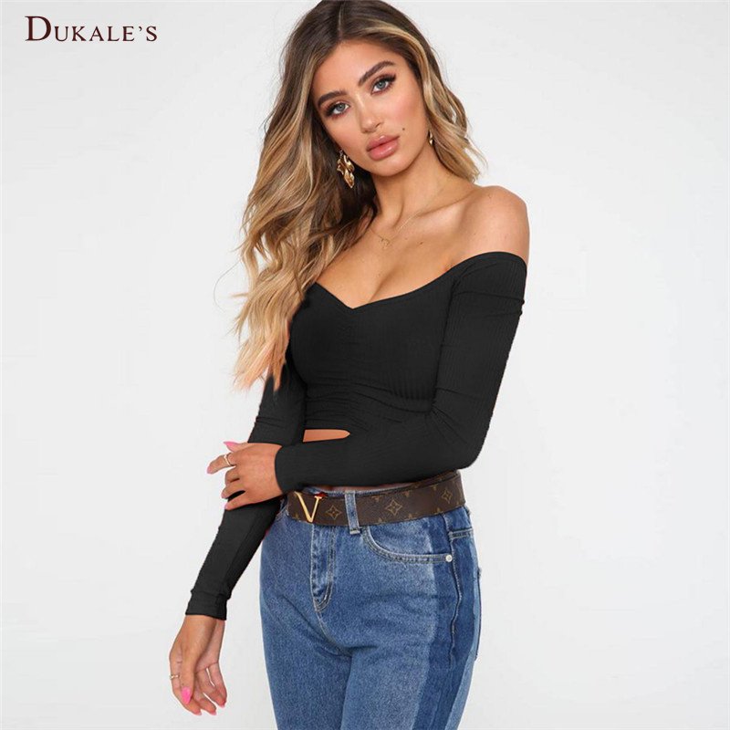 Elegant Off Shoulder Long Sleeve Slim Fit Stretch Blouse Top Tee Womens Sexy Off Shoulder Long Sleeve T-Shirt Ribbed Knit Tops