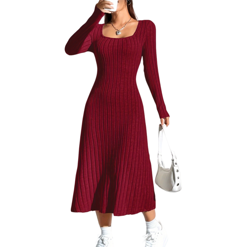 odoodem women's casual ribbed long sleeve a-line dress elegant solid color square neck knitted dress