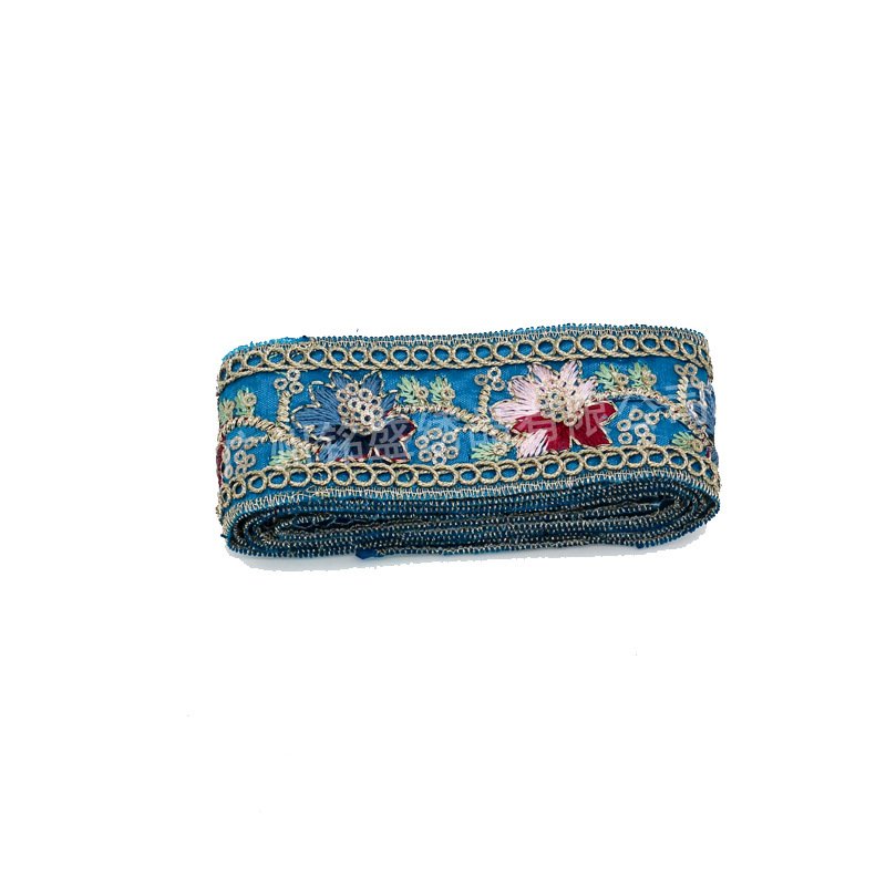 Width 35 mm Golden sequins corded lace Ribbon Flowers embroidered colorful cuff lace trim bar code for clothing decoration