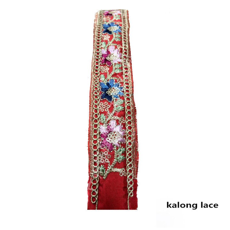Width 35 mm Golden sequins corded lace Ribbon Flowers embroidered colorful cuff lace trim bar code for clothing decoration