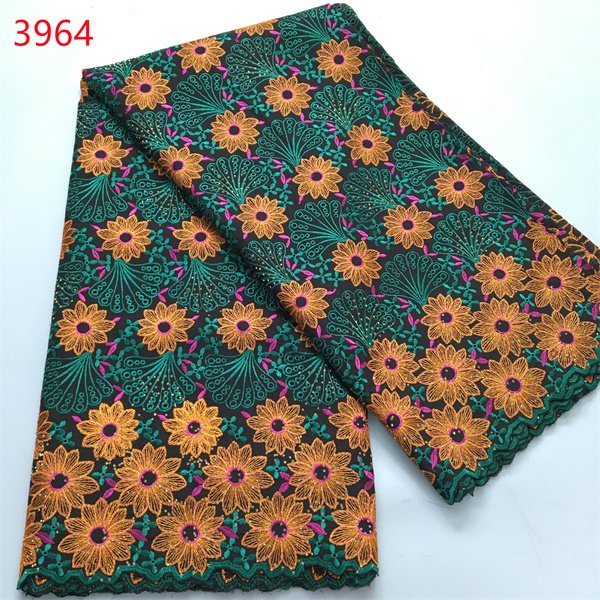 3964 Wholesale High Quality Mexico Cotton Embroidery Fabrics African Swiss Voile Lace Fabric With Rhinestones For Daily Clothing