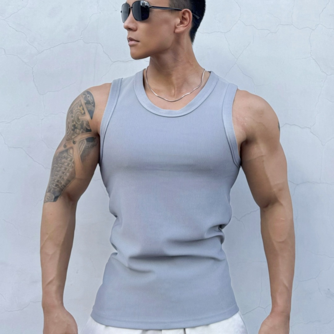 ET-113 Wholesale rib slim fit Men's tank tops sleeveless t-shirt Gym Fitness Running Singlet Tank Top Men Vest