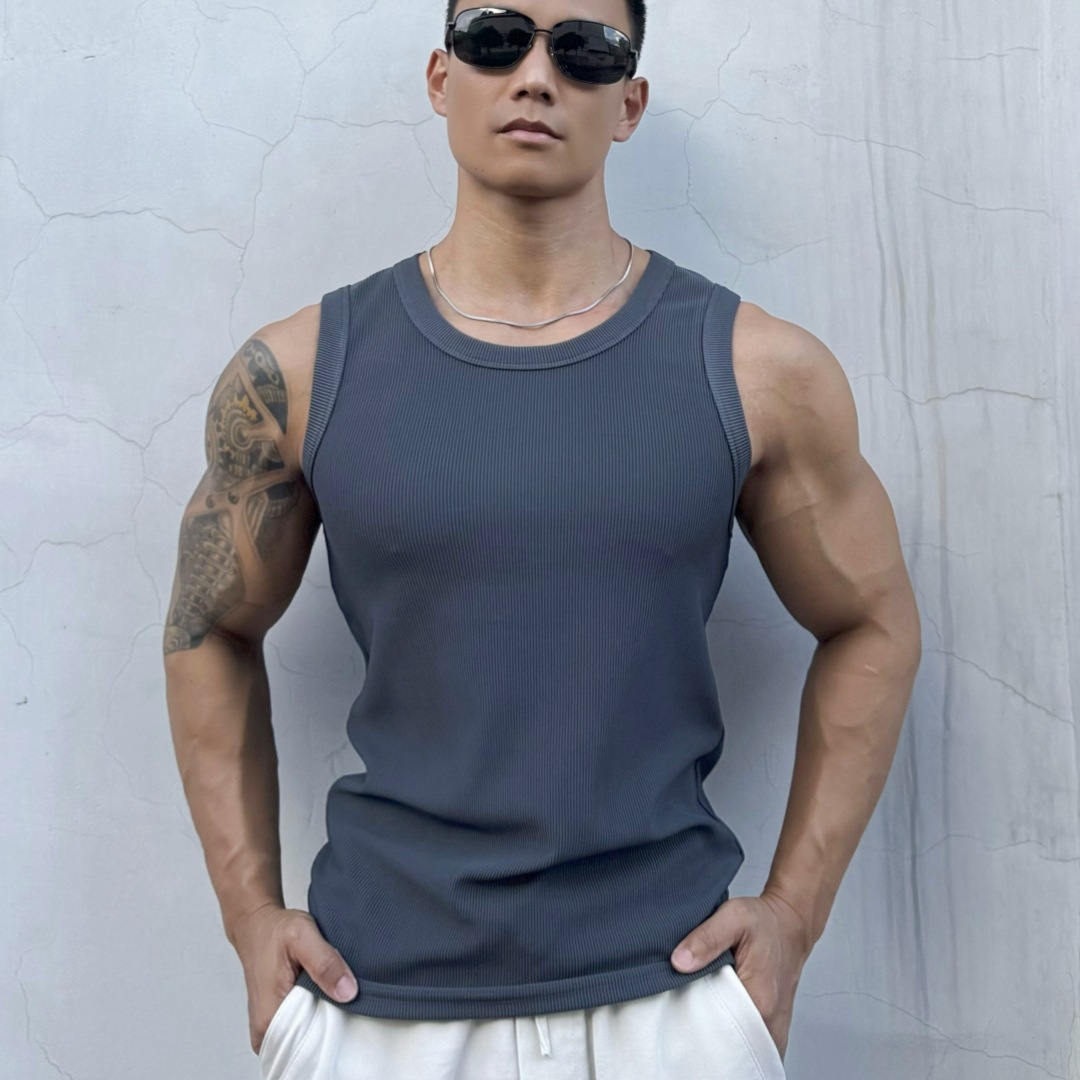 ET-113 Wholesale rib slim fit Men's tank tops sleeveless t-shirt Gym Fitness Running Singlet Tank Top Men Vest