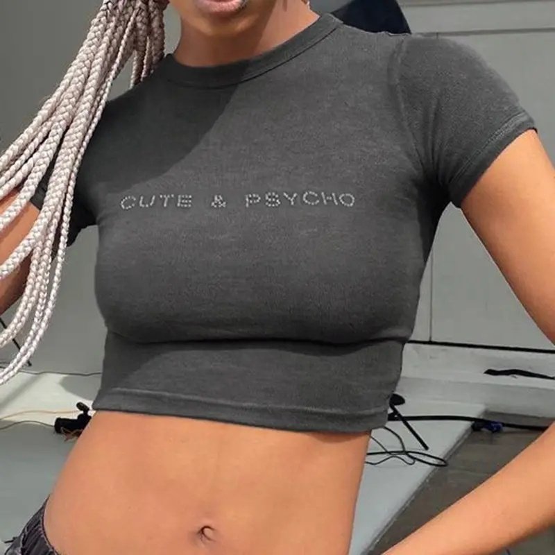Oti Textile Manufacturer Good Quality High Fashion Rib Cotton Cotton Short Women Summer Rhinestone Stretchy Crop Top Baby Tee