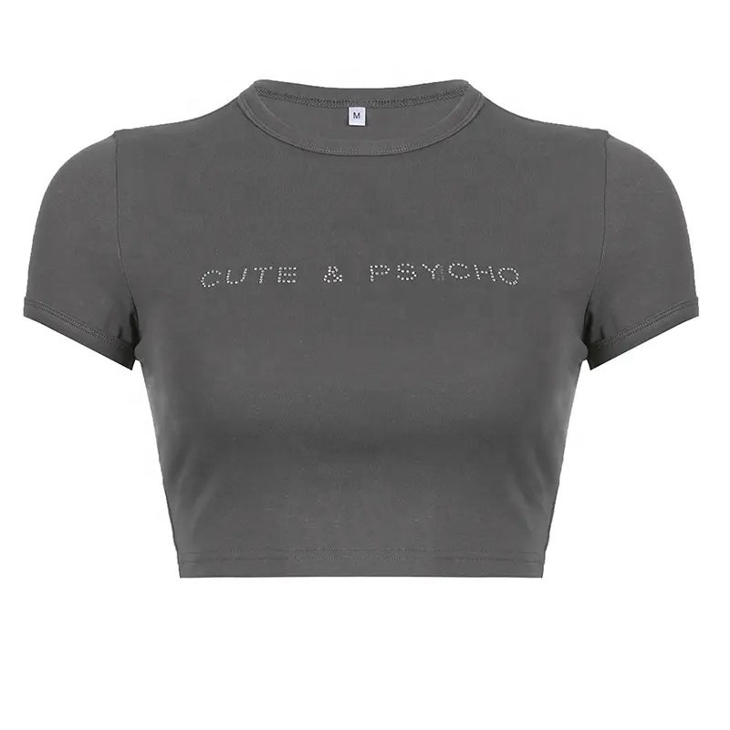 Oti Textile Manufacturer Good Quality High Fashion Rib Cotton Cotton Short Women Summer Rhinestone Stretchy Crop Top Baby Tee