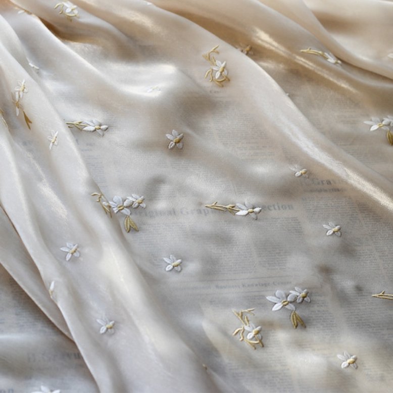 Sparkly silk fabric embroidered small floral chiffon sparkly silk satin for dresses