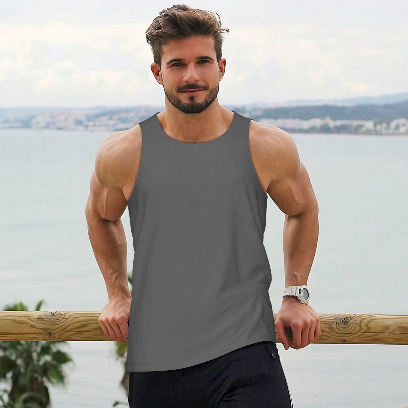 High Quality Fitness Bodybuilding Custom Designs Basics Gym Tank Tops Gray Men Singlet Casual 100% Polyester Street wear Vest