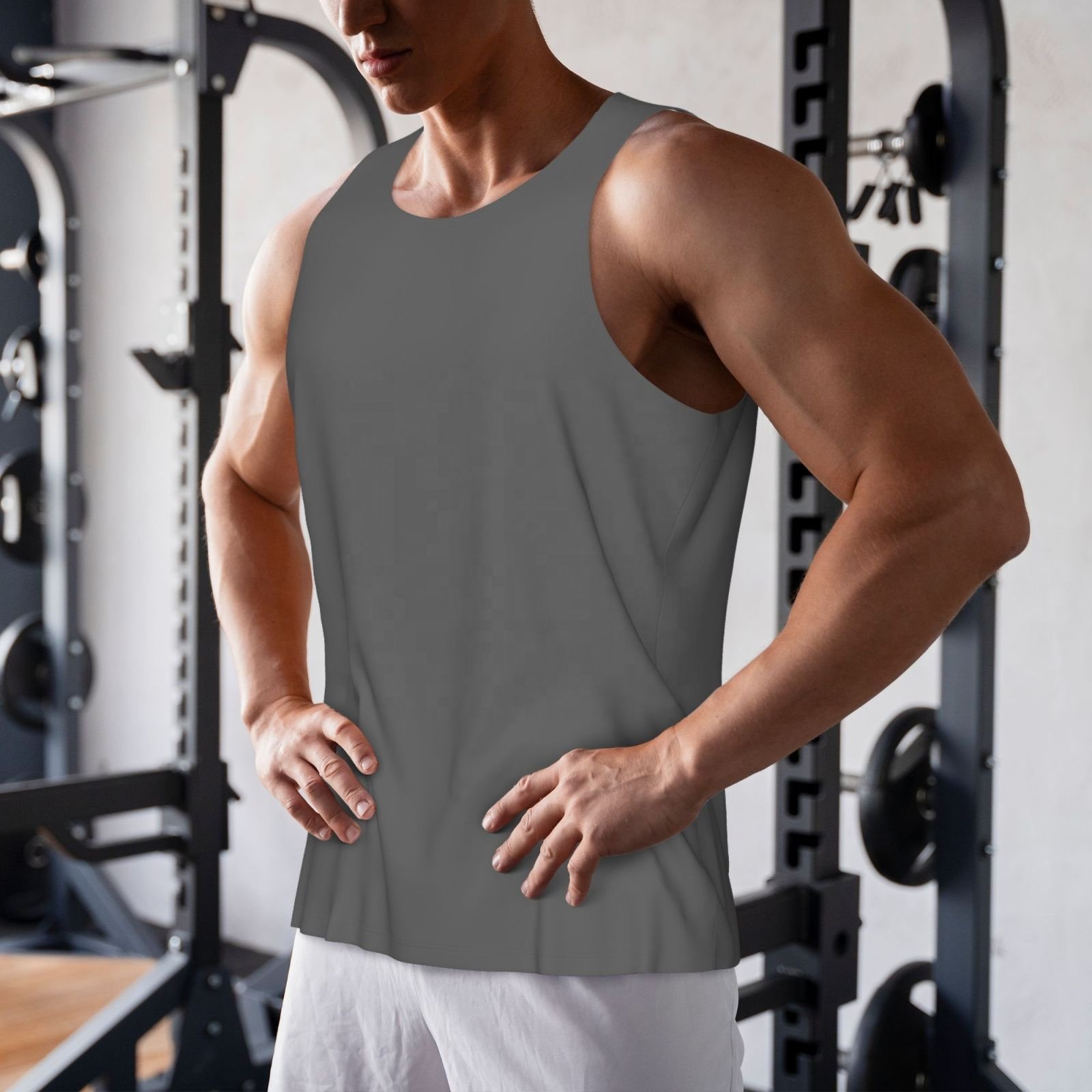 High Quality Fitness Bodybuilding Custom Designs Basics Gym Tank Tops Gray Men Singlet Casual 100% Polyester Street wear Vest