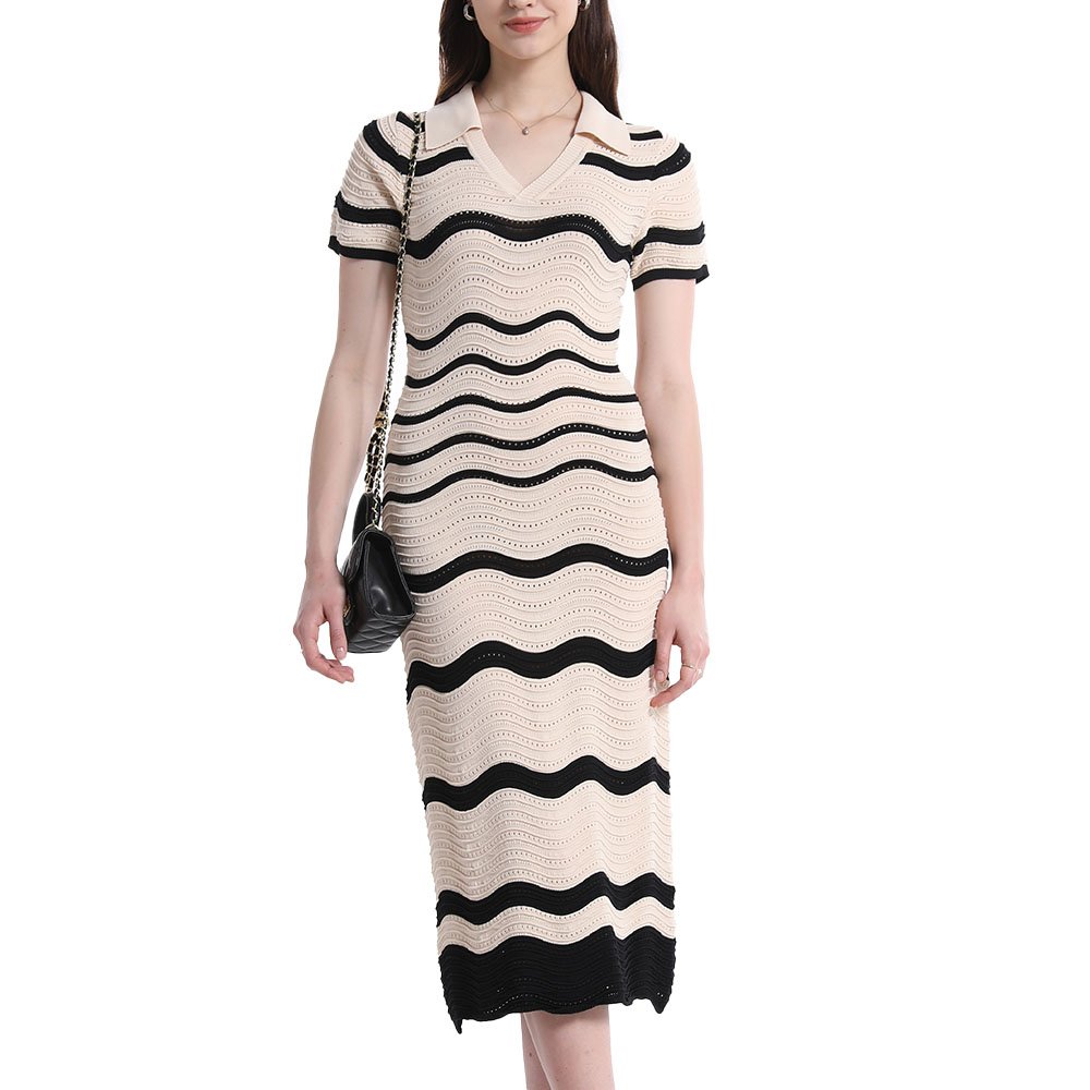 knit dress manufacturer custom spring summer high low texture zigzag wave stitch stripe sweater dress
