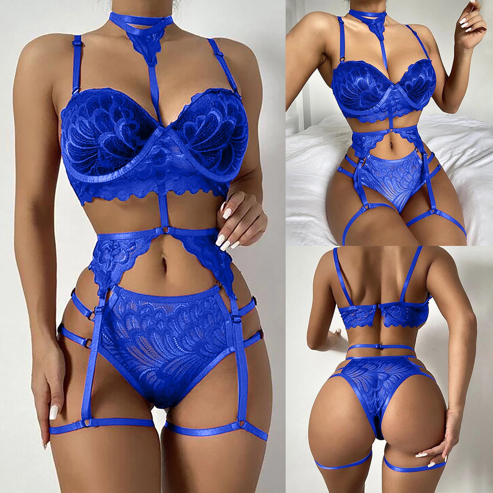 High Waist Sexy Lingerie 3 Piece Set Women Underwear Floral Lace Embroidery Bra and Panty Intimate Nighty