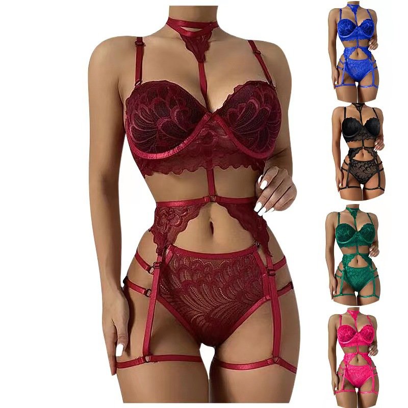High Waist Sexy Lingerie 3 Piece Set Women Underwear Floral Lace Embroidery Bra and Panty Intimate Nighty