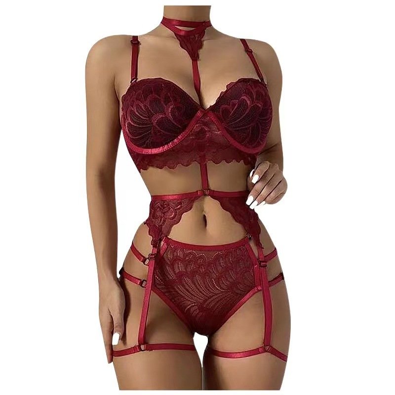 High Waist Sexy Lingerie 3 Piece Set Women Underwear Floral Lace Embroidery Bra and Panty Intimate Nighty
