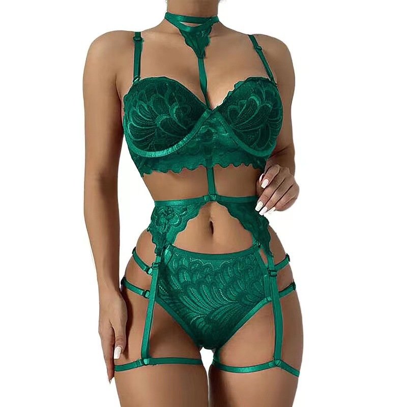 High Waist Sexy Lingerie 3 Piece Set Women Underwear Floral Lace Embroidery Bra and Panty Intimate Nighty