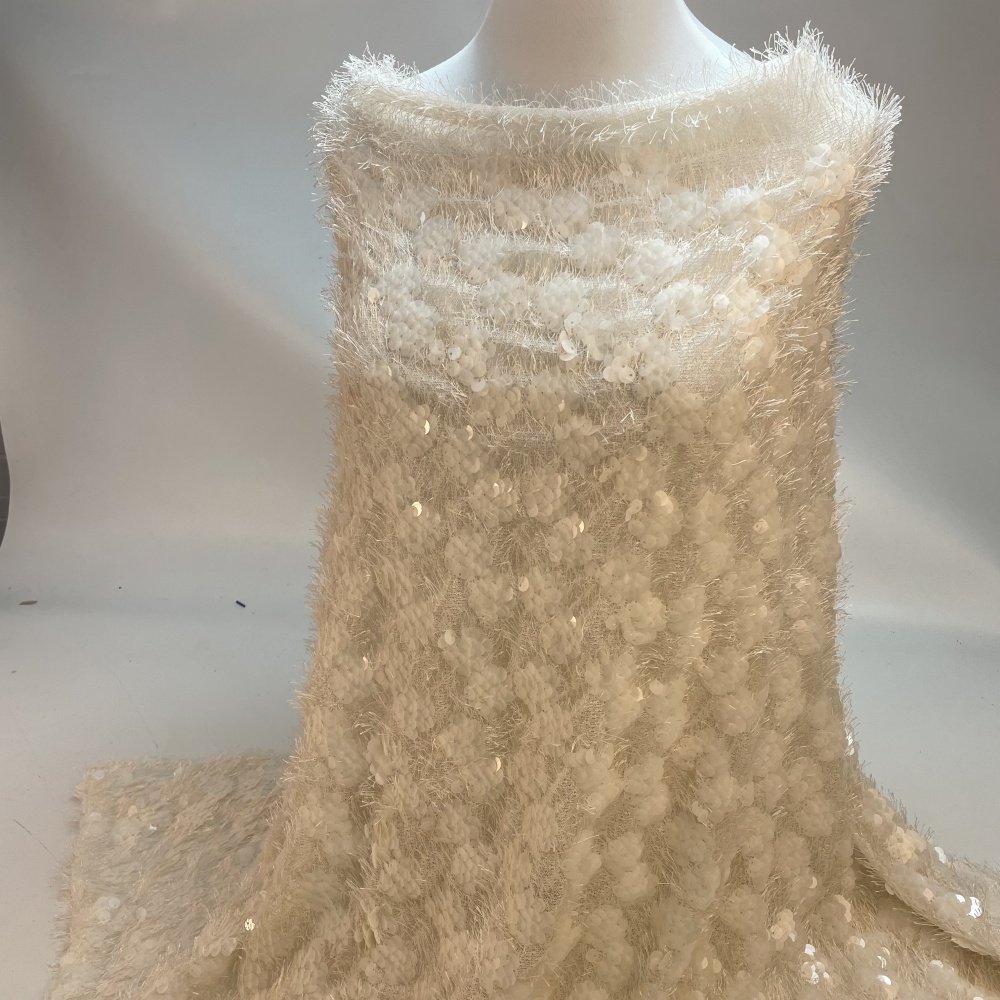 LIHUAN 3D Polyester Winter Fluffy Feather Knitting Lace With Bead Sequin Embroidery Fabric Fringe Sequin Fabric For Dress