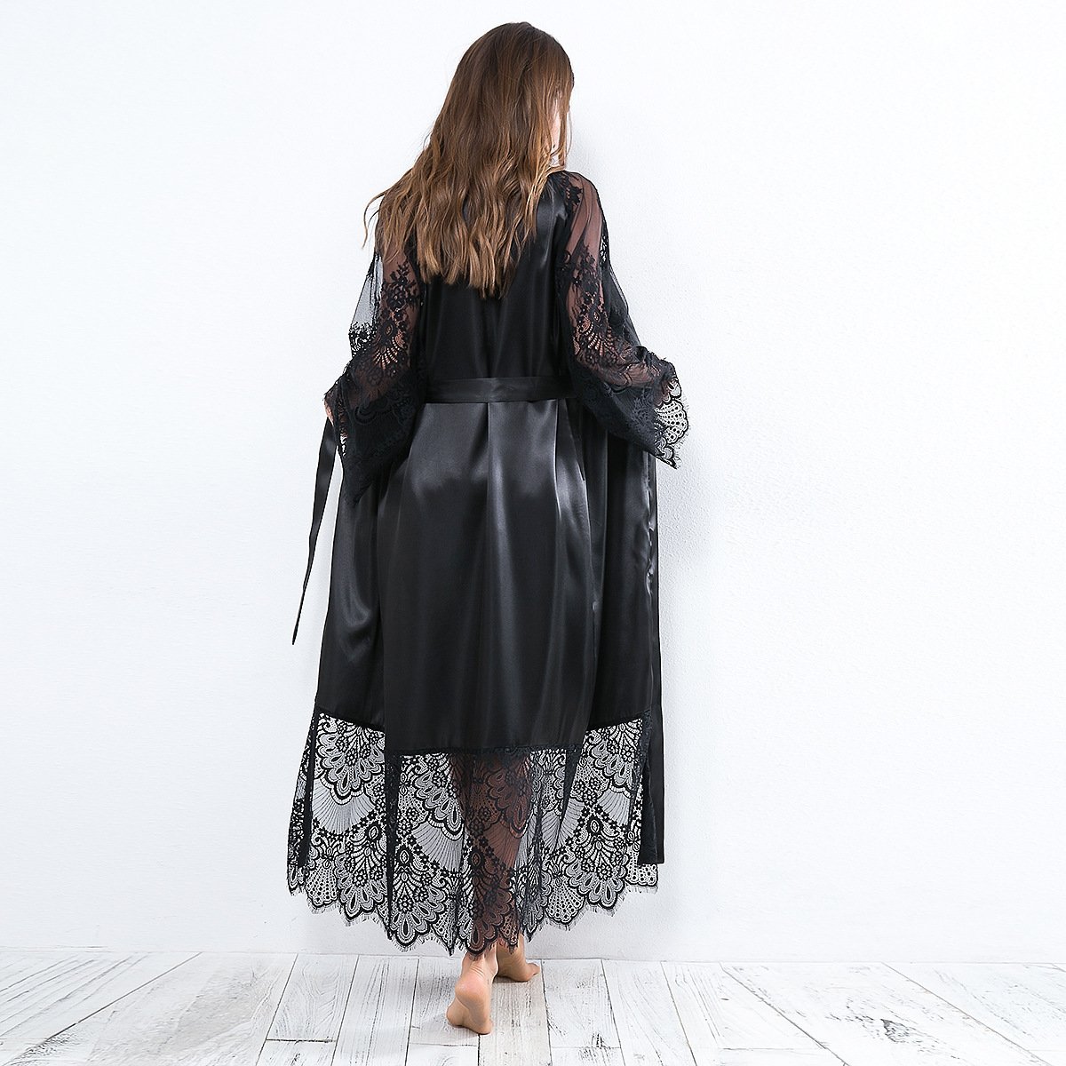 Women Sexy Mesh Lingerie Long Robe Set Glossy Long Lace Nightgown