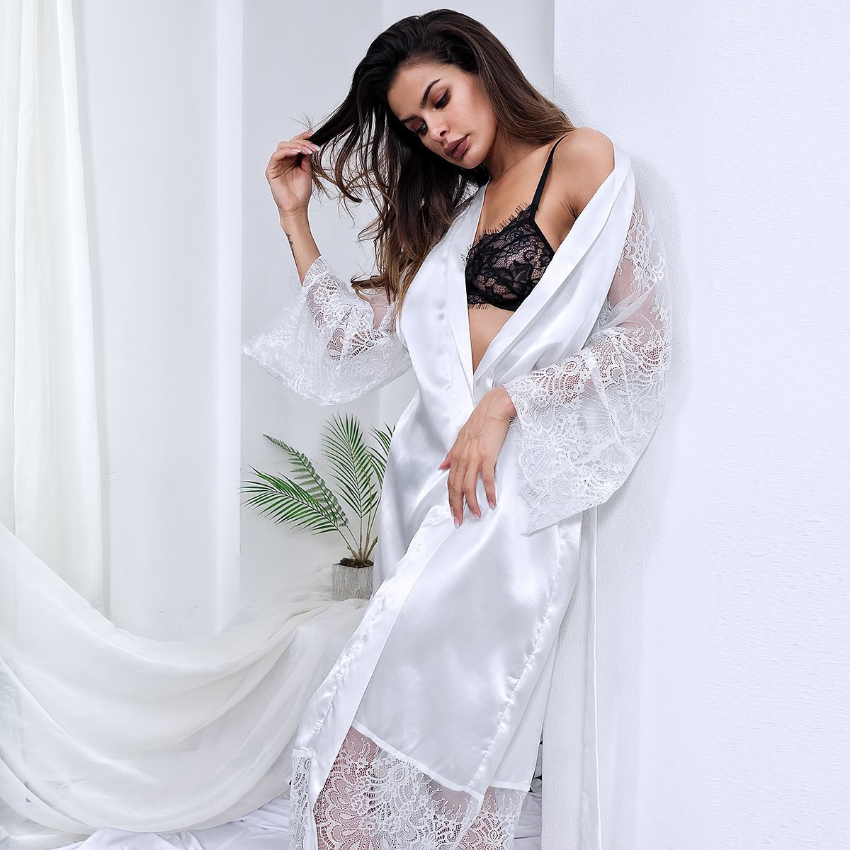Women Sexy Mesh Lingerie Long Robe Set Glossy Long Lace Nightgown