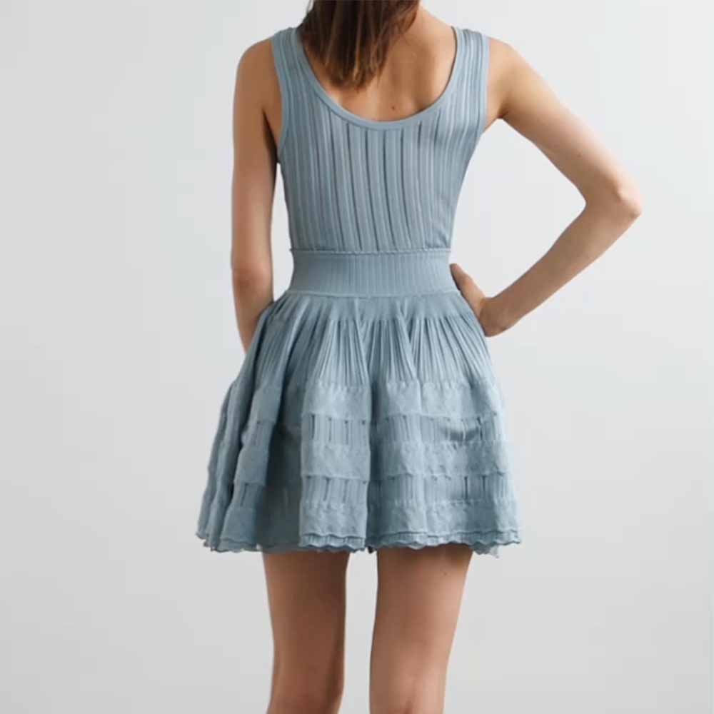 Knitwear Manufacturer Custom Autumn Winter high quality sleeveless Elastic waist Ribbed pointelle-knit mini dress