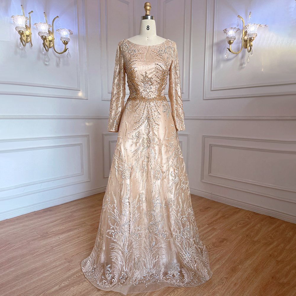 Muslim Pink A-Line Long Sleeves Luxury Evening Dresses Serene Hill LA71794 Party Gowns Lace Beaded 2023 For Women