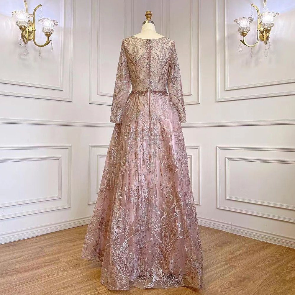 Muslim Pink A-Line Long Sleeves Luxury Evening Dresses Serene Hill LA71794 Party Gowns Lace Beaded 2023 For Women