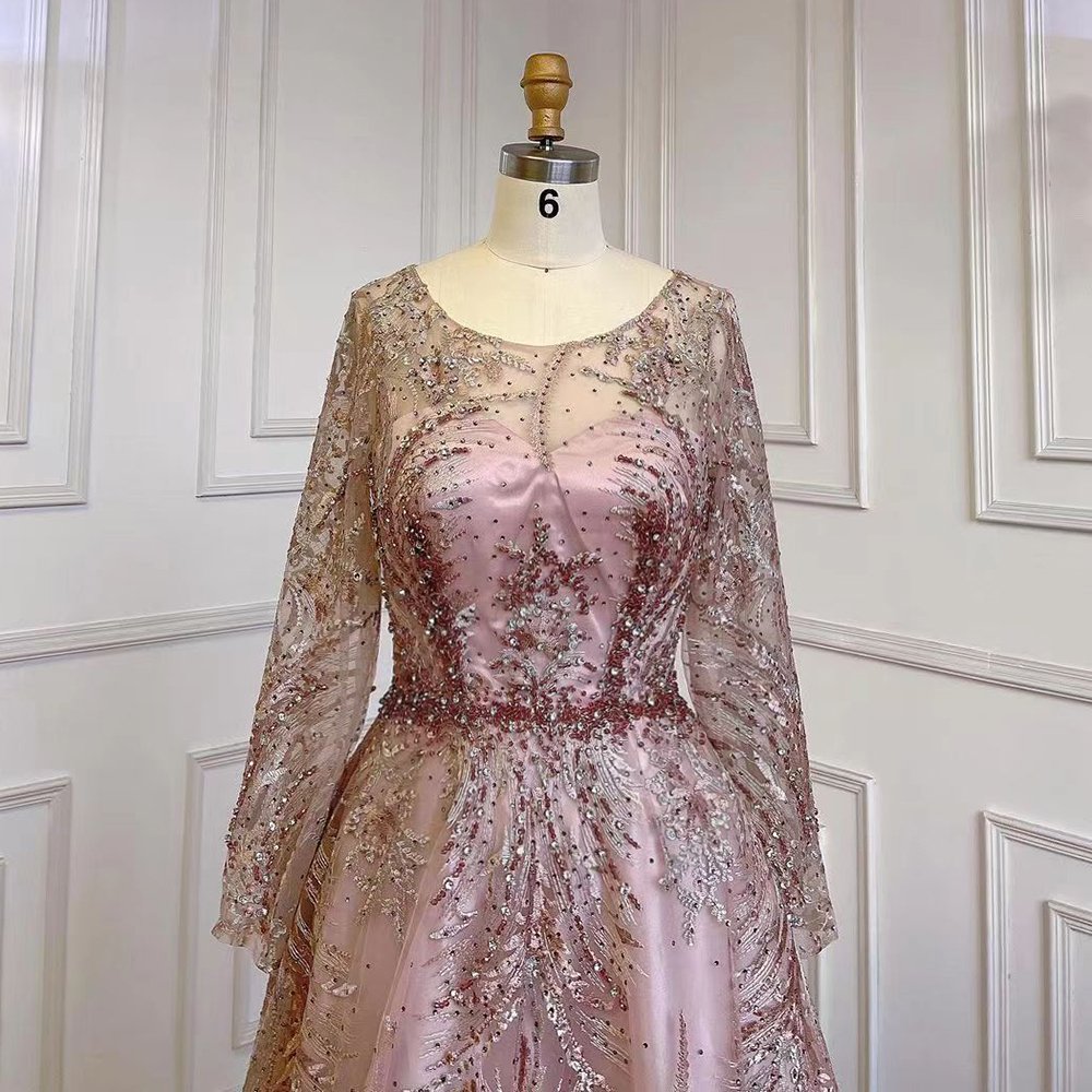 Muslim Pink A-Line Long Sleeves Luxury Evening Dresses Serene Hill LA71794 Party Gowns Lace Beaded 2023 For Women