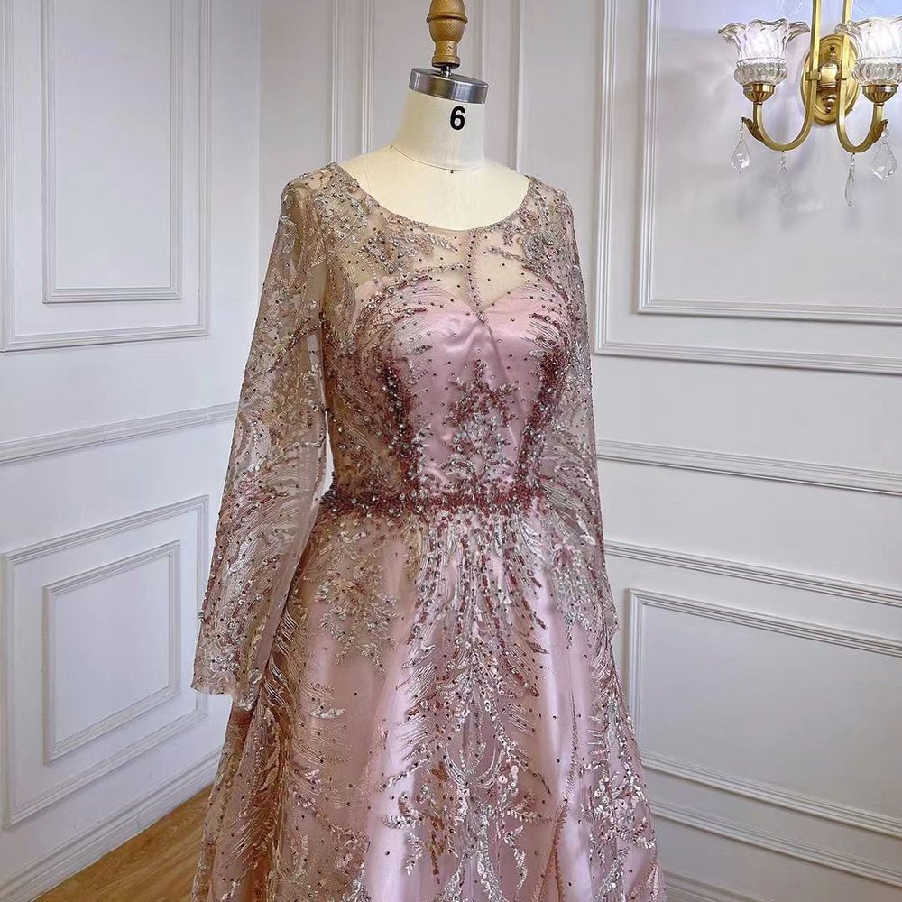 Muslim Pink A-Line Long Sleeves Luxury Evening Dresses Serene Hill LA71794 Party Gowns Lace Beaded 2023 For Women