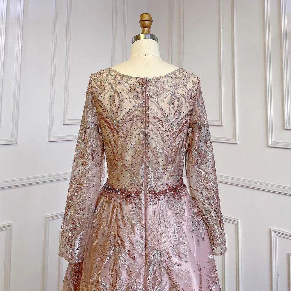 Muslim Pink A-Line Long Sleeves Luxury Evening Dresses Serene Hill LA71794 Party Gowns Lace Beaded 2023 For Women