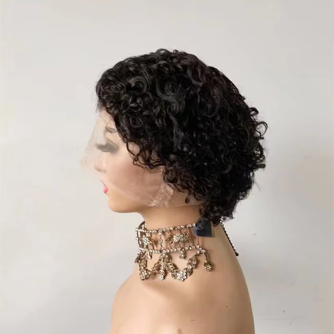 DX213 Cheap customize raw indian human hair glueless full lace peruvian cuticle aligned hair wigs short length 8 pixie cut curly
