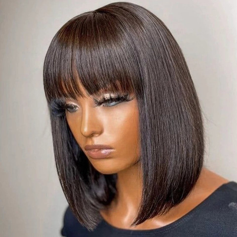 Brazilian Short Straight Hair Bob Wigs Human Hair Wig With Bangs Remy Full Machine Made for Women Non Lace Glueless Bob Wig