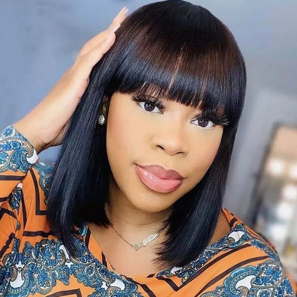 Brazilian Short Straight Hair Bob Wigs Human Hair Wig With Bangs Remy Full Machine Made for Women Non Lace Glueless Bob Wig