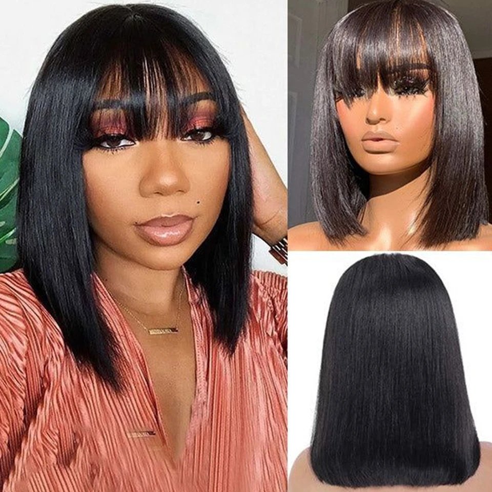 Brazilian Short Straight Hair Bob Wigs Human Hair Wig With Bangs Remy Full Machine Made for Women Non Lace Glueless Bob Wig
