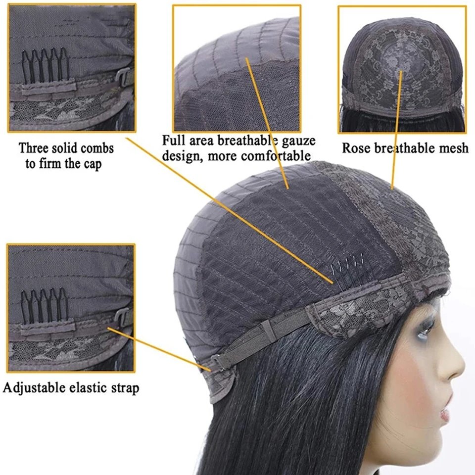 Brazilian Short Straight Hair Bob Wigs Human Hair Wig With Bangs Remy Full Machine Made for Women Non Lace Glueless Bob Wig