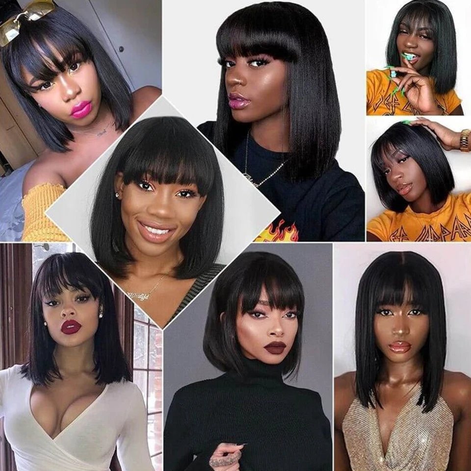 Brazilian Short Straight Hair Bob Wigs Human Hair Wig With Bangs Remy Full Machine Made for Women Non Lace Glueless Bob Wig