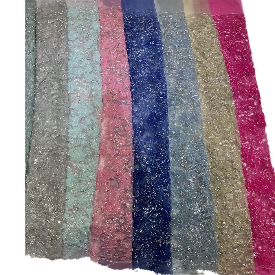 African pearl beads tulle embroidery 3D Flora tulle net lace mesh sequins sequin lace fabric for party