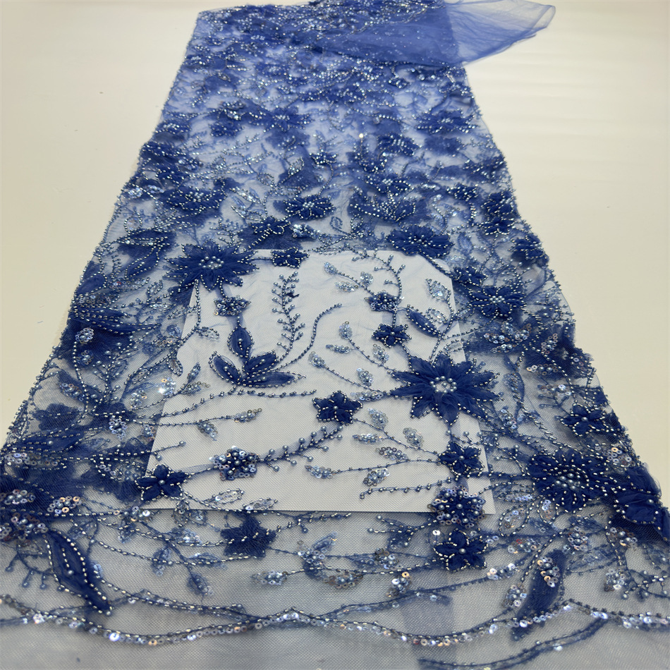 African pearl beads tulle embroidery 3D Flora tulle net lace mesh sequins sequin lace fabric for party