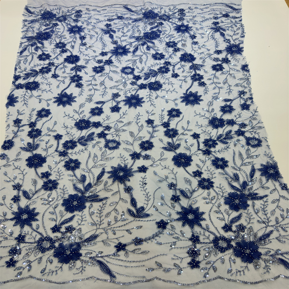 African pearl beads tulle embroidery 3D Flora tulle net lace mesh sequins sequin lace fabric for party