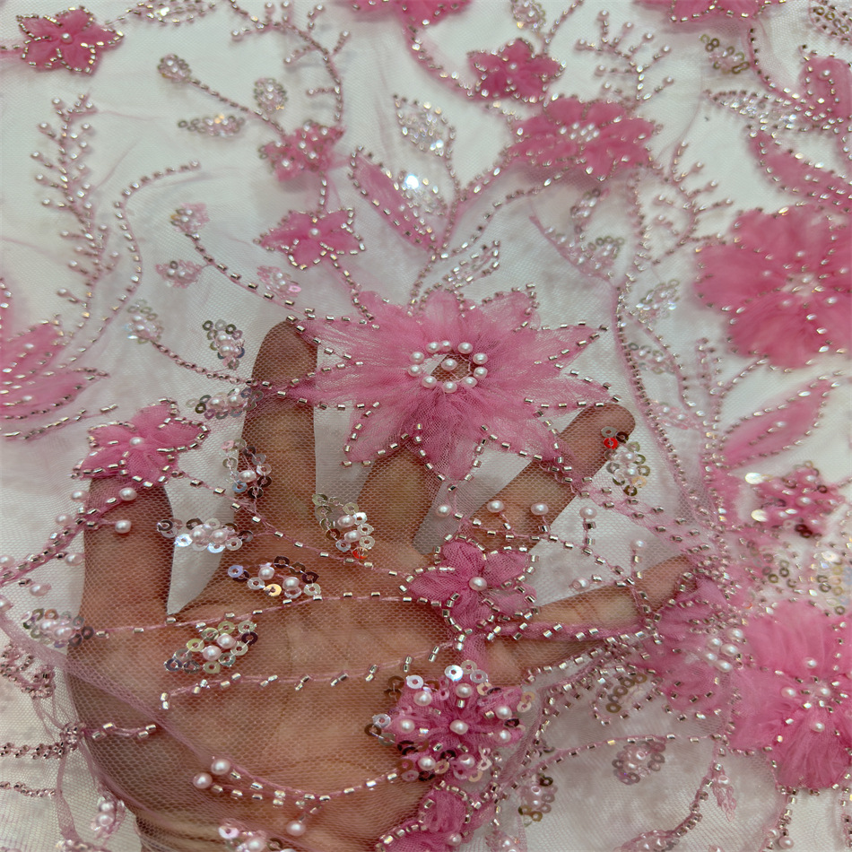 African pearl beads tulle embroidery 3D Flora tulle net lace mesh sequins sequin lace fabric for party