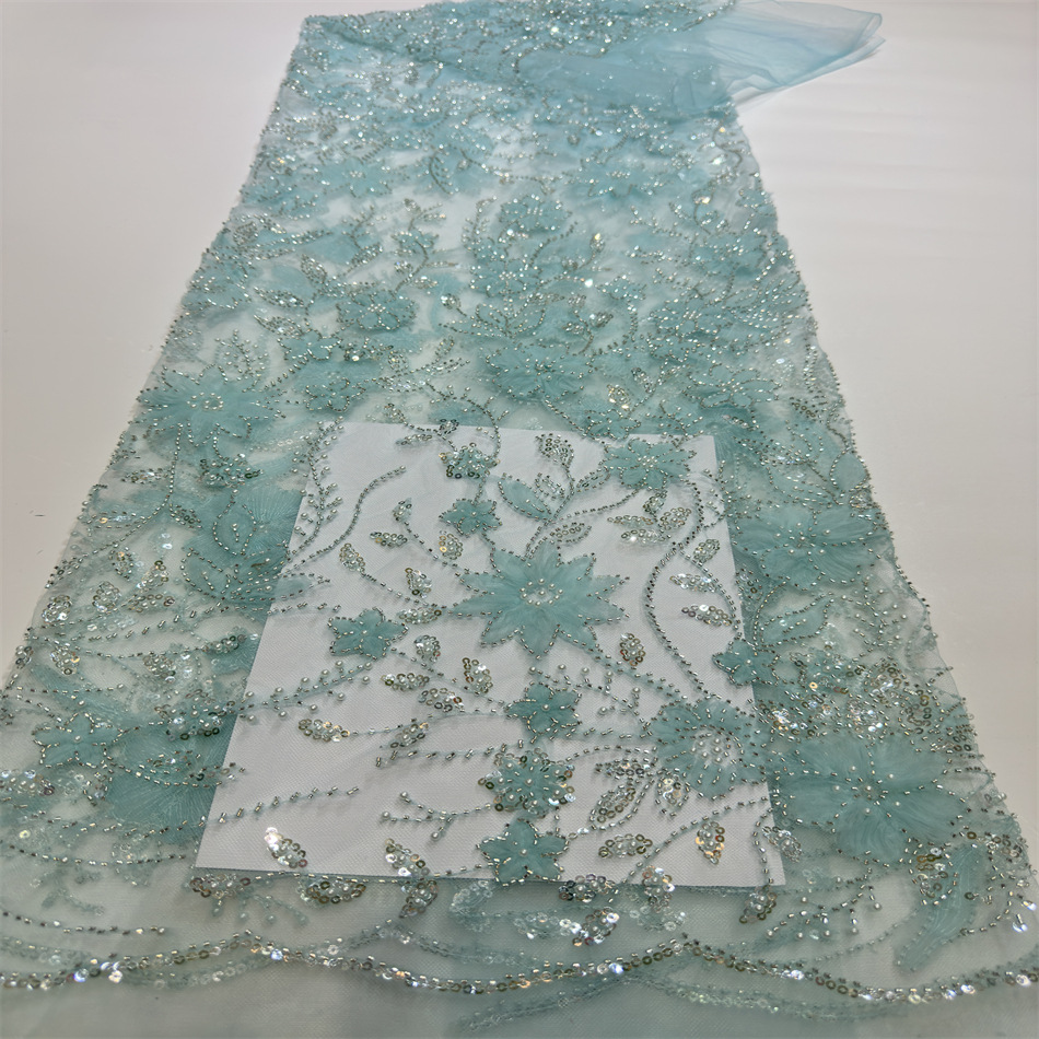 African pearl beads tulle embroidery 3D Flora tulle net lace mesh sequins sequin lace fabric for party