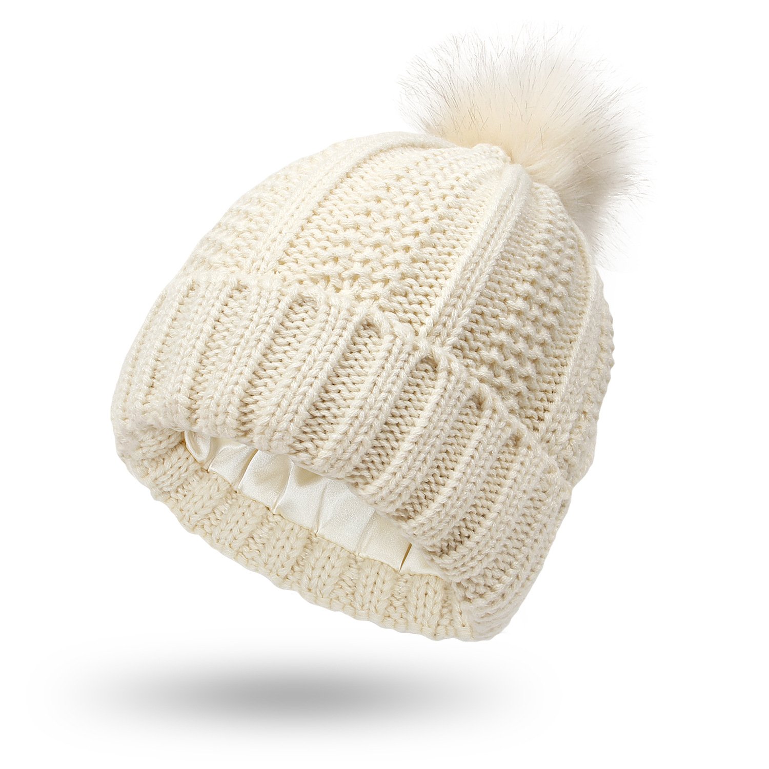 High Quality Winter Hat For Women Ribbed Knitted Hats With Pom Pom Satin Lined Beanie Hats
