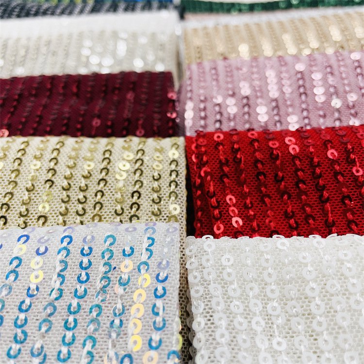 Wholesale Luxury Embroidery Exquisite Champagne 3mm Stripe Bridal Stretch Stripe Mesh Sequin Fabric For Children Clothes